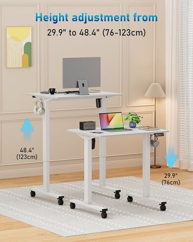 Small Height Adjustable Electric Standing Desk, 31.5" x 23.6" Sit Stand up Desk with Splice Board, Ergonomic Rising Computer Home Office Desk Table with Memory Preset, White Frame/White Top in Kuwait