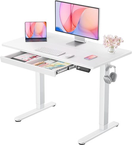 ErGear 44" x 24" Electric Standing Desk with Drawers, Height Adjustable Desk with 4 Preset Heights, Ergonomic Rising Home Office Computer Table with Splice Board, White in Saudi Arabia