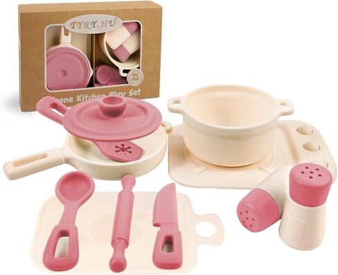 TYRY.HU Play Kitchen Accessories, 11Pcs Pretend Play Toys, BPA Free Silicone Play Kitchen Set, Pretend Play for Toddlers 1-3, Play Kitchen Cooking Utensils Pots & Pans, Learning Gifts for Kids, Pink in Saudi Arabia