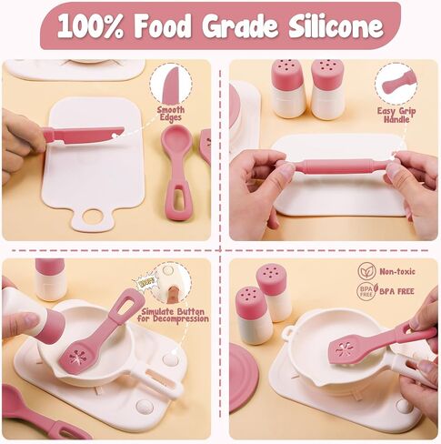 TYRY.HU Play Kitchen Accessories, 11Pcs Pretend Play Toys, BPA Free Silicone Play Kitchen Set, Pretend Play for Toddlers 1-3, Play Kitchen Cooking Utensils Pots & Pans, Learning Gifts for Kids, Pink in Saudi Arabia