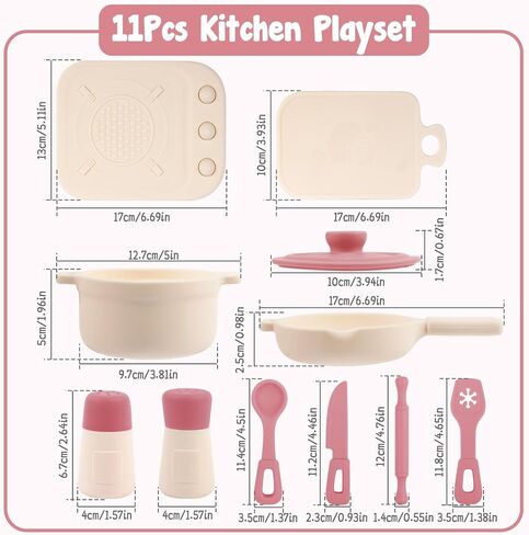 TYRY.HU Play Kitchen Accessories, 11Pcs Pretend Play Toys, BPA Free Silicone Play Kitchen Set, Pretend Play for Toddlers 1-3, Play Kitchen Cooking Utensils Pots & Pans, Learning Gifts for Kids, Pink in Saudi Arabia