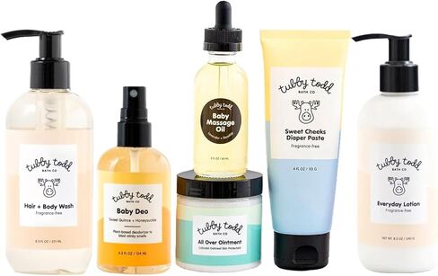 روتين العناية بالبشرة الحساسة للأطفال من 6 خطوات من Tubby Todd - مجموعة هدايا حديثي الولادة - حجم قياسي خالي من العطور in Kuwait