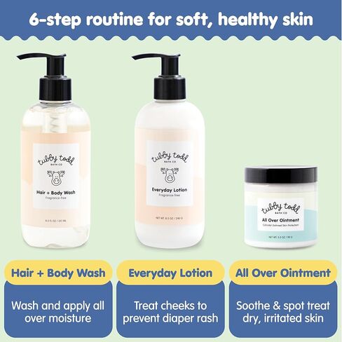 روتين العناية بالبشرة الحساسة للأطفال من 6 خطوات من Tubby Todd - مجموعة هدايا حديثي الولادة - حجم قياسي خالي من العطور in Kuwait