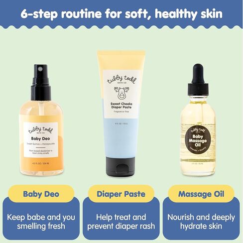 روتين العناية بالبشرة الحساسة للأطفال من 6 خطوات من Tubby Todd - مجموعة هدايا حديثي الولادة - حجم قياسي خالي من العطور in Kuwait