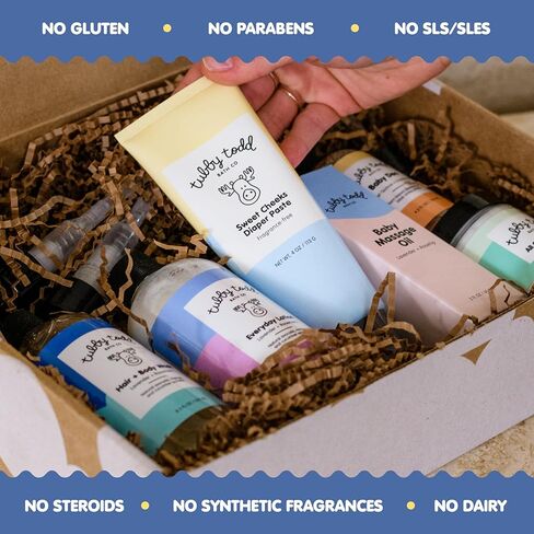 روتين العناية بالبشرة الحساسة للأطفال من 6 خطوات من Tubby Todd - مجموعة هدايا حديثي الولادة - حجم قياسي خالي من العطور in Kuwait