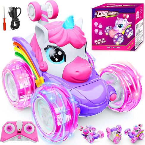 Unicorn Remote Control Car Toys for Girl - 360° Rotating Pink RC Stunt Cars 4WD Remote Cars for Kids, 2.4GHz Toy Car USB Direct Charging with LED Lights, Birthday Gift for 3 4 5 6 7 8 9 Year Old Girl in Kuwait