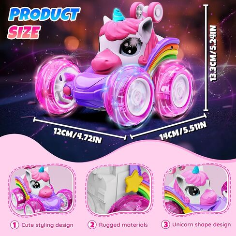Unicorn Remote Control Car Toys for Girl - 360° Rotating Pink RC Stunt Cars 4WD Remote Cars for Kids, 2.4GHz Toy Car USB Direct Charging with LED Lights, Birthday Gift for 3 4 5 6 7 8 9 Year Old Girl in Kuwait