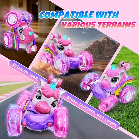 Unicorn Remote Control Car Toys for Girl - 360° Rotating Pink RC Stunt Cars 4WD Remote Cars for Kids, 2.4GHz Toy Car USB Direct Charging with LED Lights, Birthday Gift for 3 4 5 6 7 8 9 Year Old Girl in Kuwait