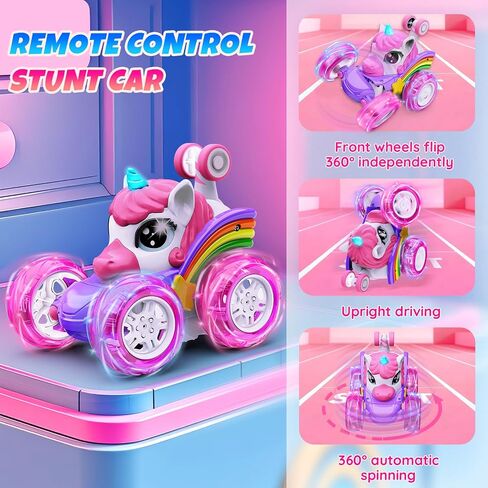 Unicorn Remote Control Car Toys for Girl - 360° Rotating Pink RC Stunt Cars 4WD Remote Cars for Kids, 2.4GHz Toy Car USB Direct Charging with LED Lights, Birthday Gift for 3 4 5 6 7 8 9 Year Old Girl in Kuwait