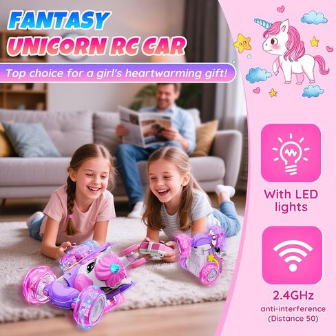 Unicorn Remote Control Car Toys for Girl - 360° Rotating Pink RC Stunt Cars 4WD Remote Cars for Kids, 2.4GHz Toy Car USB Direct Charging with LED Lights, Birthday Gift for 3 4 5 6 7 8 9 Year Old Girl in Kuwait