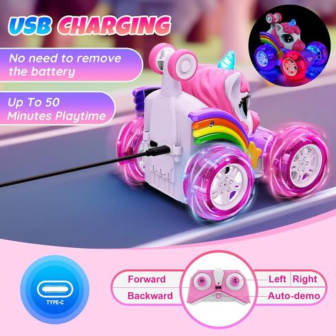 Unicorn Remote Control Car Toys for Girl - 360° Rotating Pink RC Stunt Cars 4WD Remote Cars for Kids, 2.4GHz Toy Car USB Direct Charging with LED Lights, Birthday Gift for 3 4 5 6 7 8 9 Year Old Girl in Kuwait
