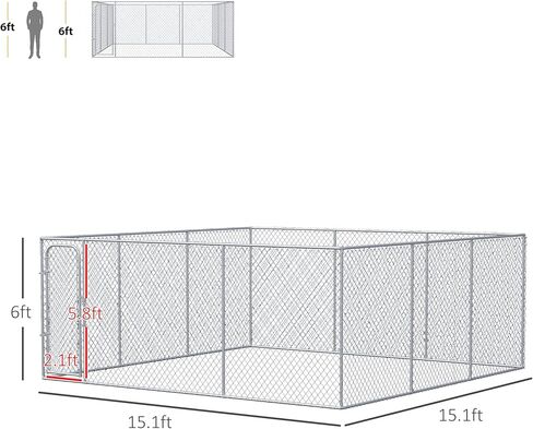 PawHut Large Dog Kennel Outside, Heavy Duty Dog Cage, Outdoor Fence Dog Run with Galvanized Chain Link, Secure Lock, 15.1' x 15.1' x 6 in Kuwait