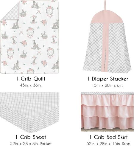 Sweet Jojo Designs Blush Pink, Mint Green and White Boho Watercolor Woodland Deer Floral Baby Girl Crib Bedding Set - 4 Pieces in Saudi Arabia