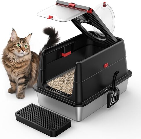 Stainless Steel Litter Box with Lid, SUS304 Metal Cat Litter Box, Enclosed Extra Large Kitty Litter Box High Wall, Jumbo Cat Litter Box with Triple Pedal, Non-Sticky, Anti-Leakage (XXL White) in Kuwait