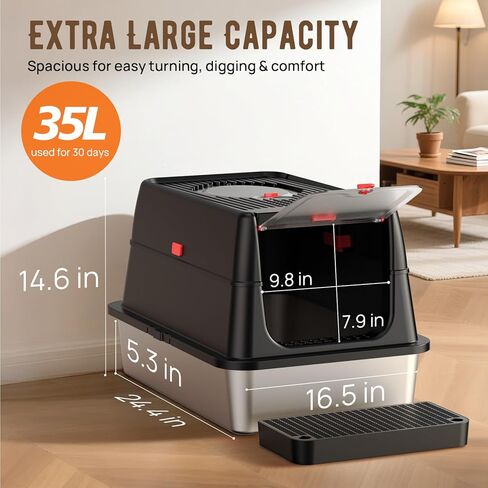 Stainless Steel Litter Box with Lid, SUS304 Metal Cat Litter Box, Enclosed Extra Large Kitty Litter Box High Wall, Jumbo Cat Litter Box with Triple Pedal, Non-Sticky, Anti-Leakage (XXL White) in Kuwait