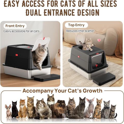 Stainless Steel Litter Box with Lid, SUS304 Metal Cat Litter Box, Enclosed Extra Large Kitty Litter Box High Wall, Jumbo Cat Litter Box with Triple Pedal, Non-Sticky, Anti-Leakage (XXL White) in Kuwait