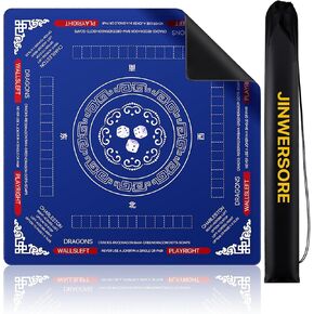 Mahjong Mat with Bag, 32.4 * 32.4 Inch Anti Slip Noise Reduction Mahjong Table Mat for Poker Board Card Tile Games, Dominoes (Blue)