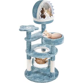 Yaheetech 45.5in Ocean-Themed Cat Tree Multi-Level Cat Tower, Plush Furniture with Shark's Mouth-Shaped Nest, Sea Star-Shaped Perch, Jellyfish-Style Hammock for Indoor Kitty