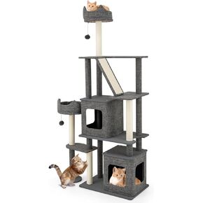 PETSITE 71 Inch Tall Cat Tree, Modern Multi-Level Cat Tree Tower with Scratching Posts, 2 Cat Condos, Top Perch, Sisal Ramp, 2 Plush Jingling Toys, Grey