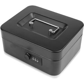 Small Cash Box with Combination Lock and Removable Cash Tray, Metal Money Box for Cash Safe, Durable Double Layer Code Petty Money Organizer for Security, 7.87"x 6.30"x 3.54", Black in Kuwait
