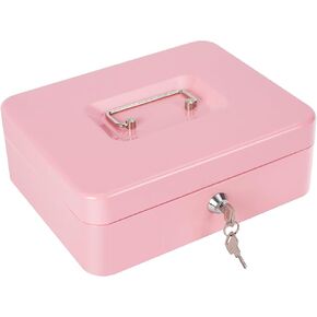 Cash Box with Lock and Money Tray Metal Money Box for Cash Lock Box for Money 9.84" x 7.87" x 3.54" Pink