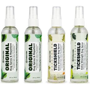 Cedarcide Original & Tickshield Family Pack | رذاذ خلل الزيت الطبيعي Cedar و Lemongrass | الصديقة للبيئة ، طارد البراغيث آمن للعائلة | حزمة من 4 ، 4oz spritzers