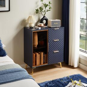Deluxe Sculpted Modern Fashion Geometric Style TV Stand, Aluminum Frame Tempered Glass Door 4 Drawer Chest with Adjustable Metal Feet,White,59.9" L x 15.7" W x 21.7" H (TV Cabinet - Dark Blue)