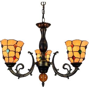 6 Inch Stained Glass Pendant Light Chandelier | 3 Arms Inverted Ceiling Pendant Lamp | Handmade Colored Glass Shade | E27/E26 Base | Adjustable Height (D52CM/H80CM)