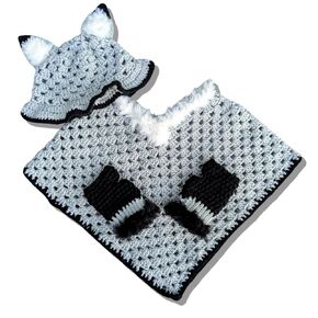 Crochet Wolf Costume for Kids 3-5 Years, Includes Hat, Poncho, Fingerless Gloves Hat & Poncho) (Hat, Poncho, & Gloves (full set)) (Hat & Poncho) (Hat & Poncho)