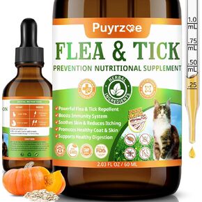 Natural Flea and Tick Prevention for Cats, 60 ML Herbal Formula with Multivitamins, Pumpkin Seed, Flea Treatment for Cats Kittens Supplement Drops - Immune, Skin & Coat Support