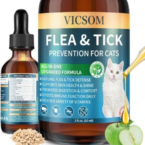 Natural Flea and Tick Prevention for Cats, Herbal Cat Flea and Tick Treatment Support Drops Flea Support with Prebiotics Probiotics for Cats Kitten - Ideal for Sensitive Cat - Salmon Flavor