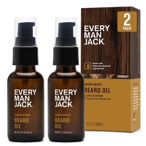 Every Man Jack Mens Beard Oil - Subtle Sandalwood Fragrance - Deeply Moisturizes and Softens Your Beard and Adds a Natural Shine - Naturally Derived with Shea Butter and Argan Oil - 1 fl oz (2 Pack)