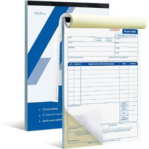 Repair Order Book, 2 Part Carbonless Job Work Order Forms - White/Yellow, 5-7/10 x 8-1/4 Inches, Invoice Receipt Book for Small Business, Consecutively Numbered, 100 Sets (2 Packs)
