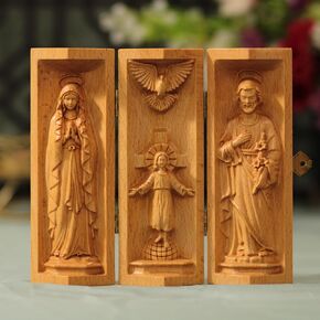 الرضيع يسوع Triptych كاثوليكي فن الخشب العائلي والروح القدس الهدية الدينية الخشبية يسوع ماري جوزيف ديكور المنزل المسيحي