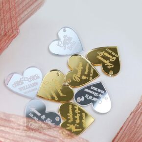 30Pcs Custom Wedding Mirror Tags with Holes,Personalized Acrylic Heart Tags,Lettering Name Logo for Baby Shower Favor Valentines Day Handmade Items Wedding Favors Birthday Party