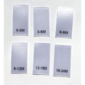 120 pcs Satin Printed Infant Clothing Sewing Garment Label Size Tags Months White - 0-3MO, 3-6MO, 6-9MO, 9-12MO, 12-18MO, 18-24MO (20pcs Each)