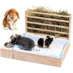 3 in 1 Rabbit Hay Feeder with Litter Box Wooden Bunny Litter Box Hay Holder Rack for Rabbit, Guinea Pig, Hamster, Ferrets