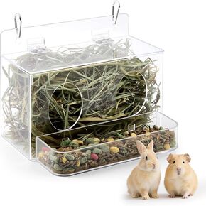Honeydak Acrylic Rabbit Hay Feeder with Lid, Two in One Hanging Guinea Pig Hay Feeder with Hook Food Dispenser Bin for Bunny, Guinea Pig, Chinchilla