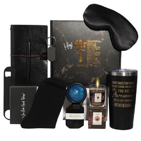 Luxury Men's Gift Box Set with Journal, Travel Tumbler, Scented Candle, Soap, Sleep Mask, Black