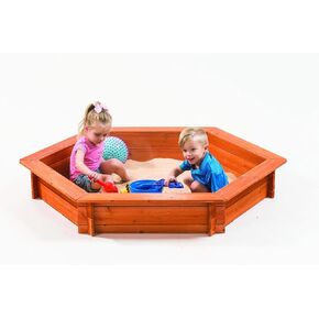 Hexagon Wooden Sandbox w Seat Boards | Eco-Friendly Cover & Ground Liner | 59" x 51" x 9" | 3/4" Cedar Boards | Easy DIY Assembly | Holds 300+ lbs of Sand | Natural Cedar Beauty Built to Last