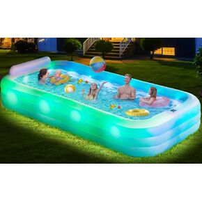 Large Inflatable Pool with Lights - 145'' X 74'' X 22'', Thickened 0.6mm Blow Up Pool with Seat Backrest, 7 Color Changes Oversized Swimming Pool for Family Backyard Party Summer(Pump Included)