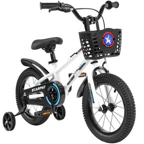 Kids Bike 16 inch for boys and girls with training wheels, freestyle kids bike with bell, basket and fenders. (White)