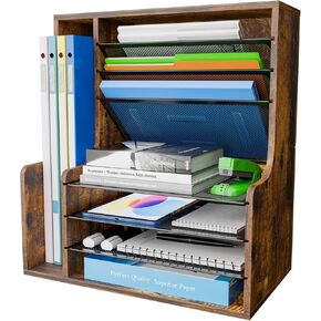 Simple Trending 7 Tier Desk File Organizer, Wooden Letter Tray Paper Organizer with Adjustable File Holder, Mesh Desktop Organizer and Storage for Office Supplies