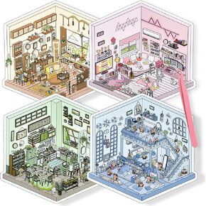 4 Sets 3D Sticker Scene, Carnival Theme with Skit, Circus, Christmas, Snack Street, 3D Sticker Therapy Scenes for Adults Kids to Relief Stress Enjoy Winter Party Time (Contain A Tweezers)