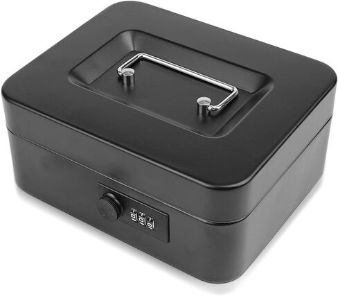 Small Cash Box with Combination Lock and Removable Cash Tray, Metal Money Box for Cash Safe, Durable Double Layer Code Petty Money Organizer for Security, 7.87"x 6.30"x 3.54", Black in Kuwait