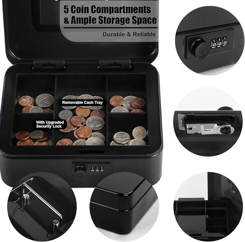 Small Cash Box with Combination Lock and Removable Cash Tray, Metal Money Box for Cash Safe, Durable Double Layer Code Petty Money Organizer for Security, 7.87"x 6.30"x 3.54", Black in Kuwait