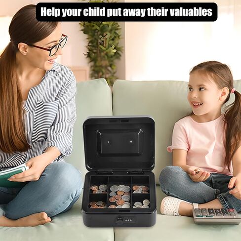 Small Cash Box with Combination Lock and Removable Cash Tray, Metal Money Box for Cash Safe, Durable Double Layer Code Petty Money Organizer for Security, 7.87"x 6.30"x 3.54", Black in Kuwait