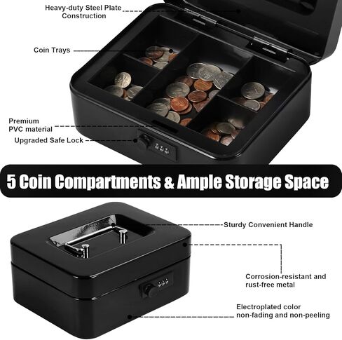 Small Cash Box with Combination Lock and Removable Cash Tray, Metal Money Box for Cash Safe, Durable Double Layer Code Petty Money Organizer for Security, 7.87"x 6.30"x 3.54", Black in Kuwait