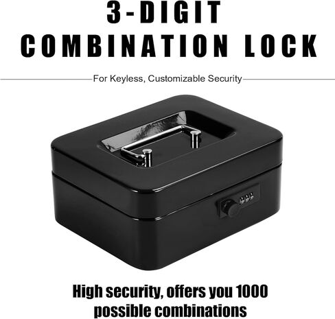 Small Cash Box with Combination Lock and Removable Cash Tray, Metal Money Box for Cash Safe, Durable Double Layer Code Petty Money Organizer for Security, 7.87"x 6.30"x 3.54", Black in Kuwait