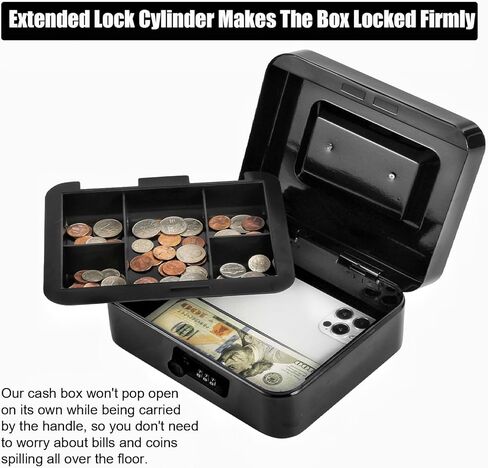 Small Cash Box with Combination Lock and Removable Cash Tray, Metal Money Box for Cash Safe, Durable Double Layer Code Petty Money Organizer for Security, 7.87"x 6.30"x 3.54", Black in Kuwait